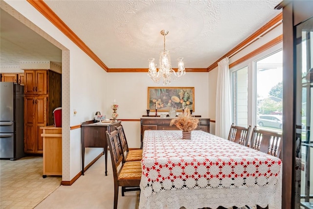 112 Pin Oak Ln, Irondequoit, NY 14622 - dining space with crown molding, a chandelier, and a textured ceiling