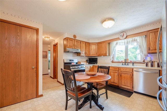 112 Pin Oak Ln, Irondequoit, NY 14622 - kitchen with appliances with stainless steel finishes, under cabinet range hood, light flooring, light countertops, and a textured ceiling