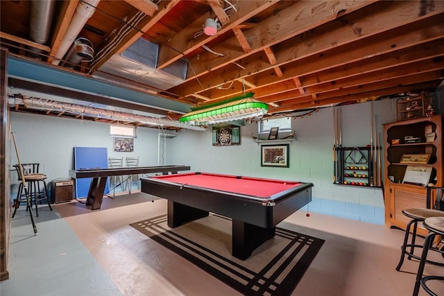 112 Pin Oak Ln, Irondequoit, NY 14622 - recreation room with pool table, concrete floors, and concrete block wall