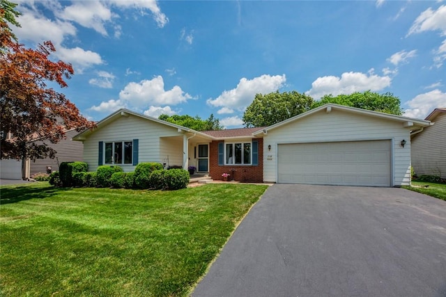 112 Pin Oak Ln, Irondequoit, NY 14622 - ranch-style house with asphalt driveway, an attached garage, a front lawn, and brick siding