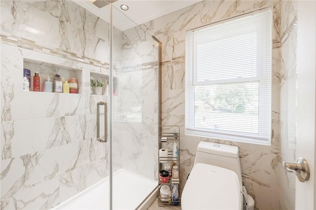 346 Willowood Dr, Greece, NY 14612 - full bathroom featuring toilet and a marble finish shower
