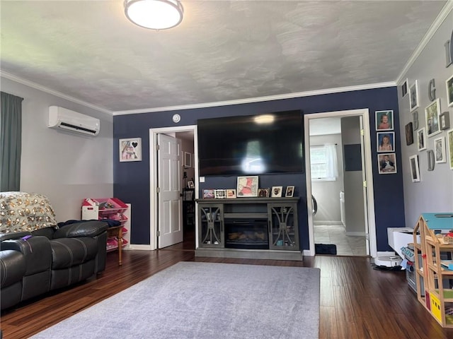 504 Whites Hill Rd, Guilford, NY 13780 - living area with a wall mounted air conditioner, dark wood finished floors, and ornamental molding