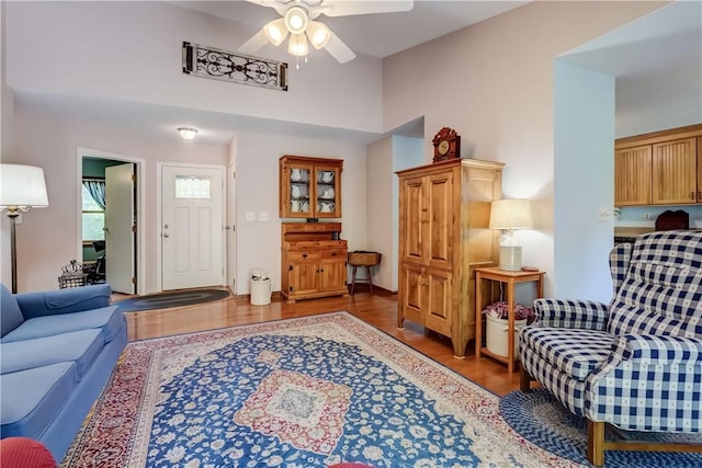 1622 Magog Rd, Macedon, NY 14502 - living area featuring wood finished floors, ceiling fan, and a high ceiling