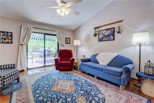 1622 Magog Rd, Macedon, NY 14502 - living area featuring lofted ceiling, wood finished floors, and ceiling fan