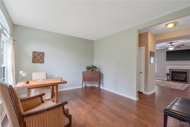 117 Shaker Hts, Camillus, NY 13031 - home office featuring ceiling fan, wood finished floors, and a fireplace with flush hearth