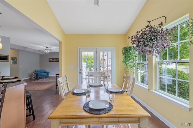 117 Shaker Hts, Camillus, NY 13031 - dining room featuring healthy amount of natural light, dark wood-style flooring, ceiling fan, and lofted ceiling