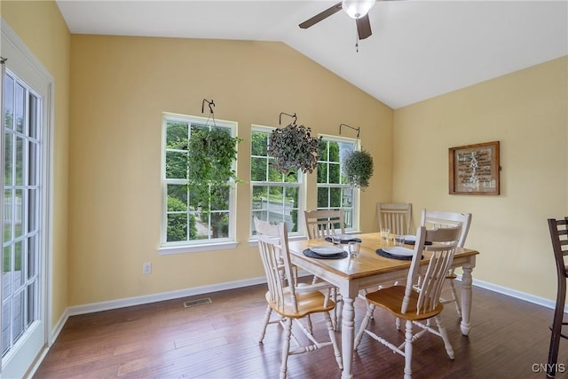 117 Shaker Hts, Camillus, NY 13031 - dining area featuring ceiling fan, wood finished floors, vaulted ceiling, and healthy amount of natural light