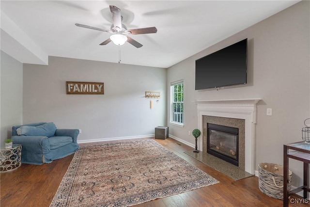 117 Shaker Hts, Camillus, NY 13031 - living room with a ceiling fan, wood finished floors, and a premium fireplace