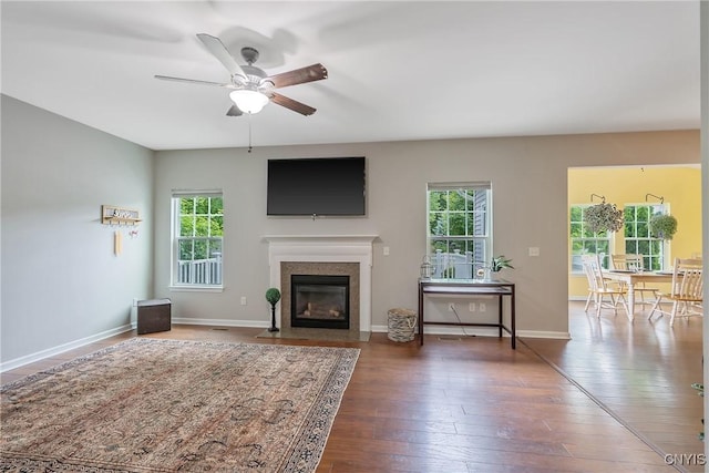 117 Shaker Hts, Camillus, NY 13031 - living area with a ceiling fan, a fireplace with flush hearth, and hardwood / wood-style flooring
