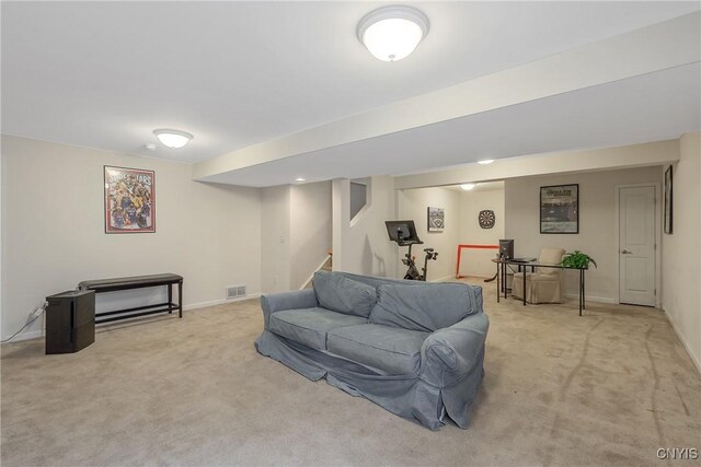 117 Shaker Hts, Camillus, NY 13031 - living area featuring light colored carpet and stairway