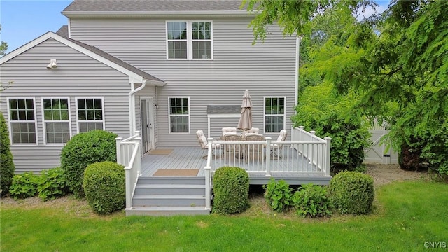 117 Shaker Hts, Camillus, NY 13031 - back of house with a yard, a wooden deck, and outdoor dining space