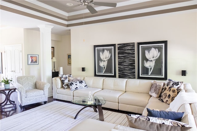84 Watersong, Penfield, NY 14580 - living room with ornate columns, crown molding, and ceiling fan