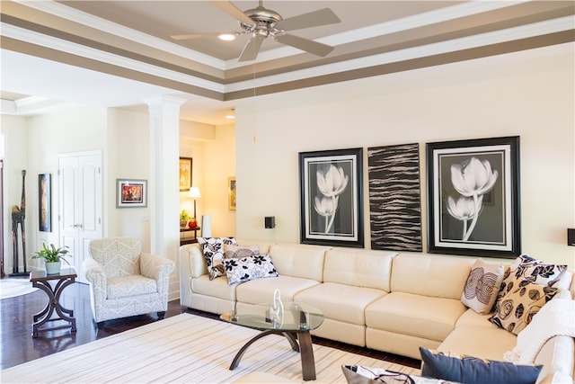 84 Watersong, Penfield, NY 14580 - living area with ornate columns, a ceiling fan, recessed lighting, ornamental molding, and wood finished floors