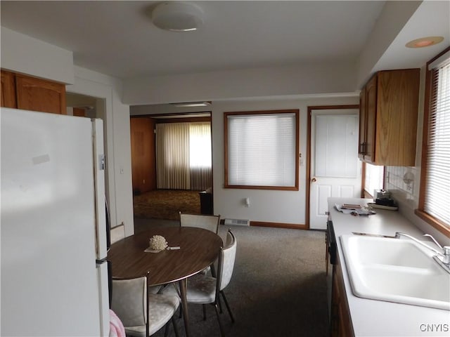 205 Shotwell Park Unit 100, Syracuse, NY 13206 - kitchen with freestanding refrigerator, carpet flooring, brown cabinetry, and light countertops