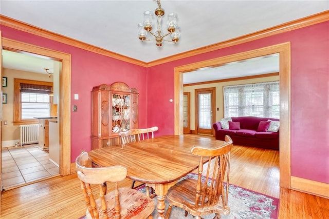 103 Culver Pkwy, Irondequoit, NY 14609 - dining room featuring radiator heating unit, a chandelier, light wood-type flooring, and crown molding