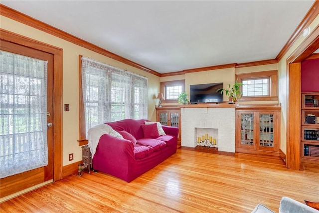 103 Culver Pkwy, Irondequoit, NY 14609 - living area with wood finished floors, crown molding, and a fireplace