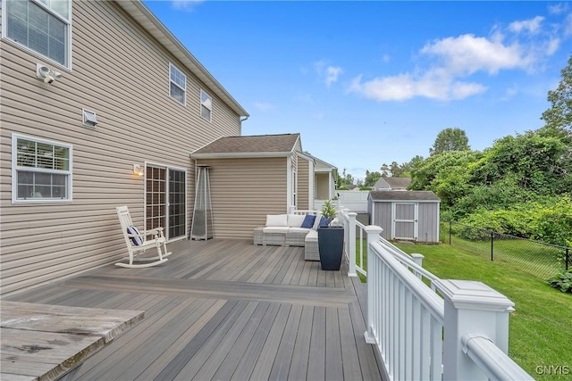 5269 Medasano Cir, Clay, NY 13041 - deck featuring a shed, a fenced backyard, and an outdoor hangout area