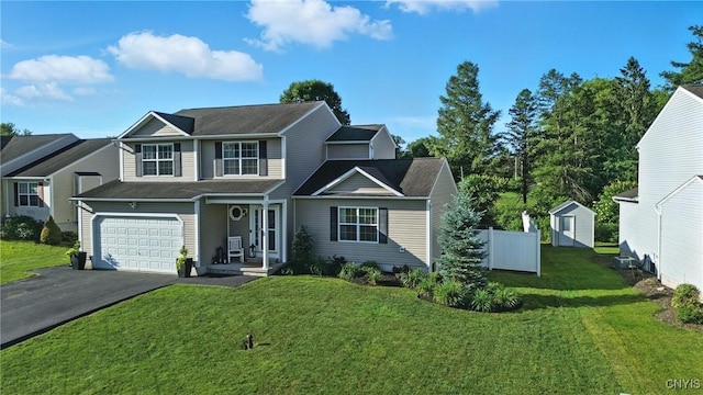 5269 Medasano Cir, Clay, NY 13041 - view of front of house with driveway, a storage shed, a front lawn, and a garage