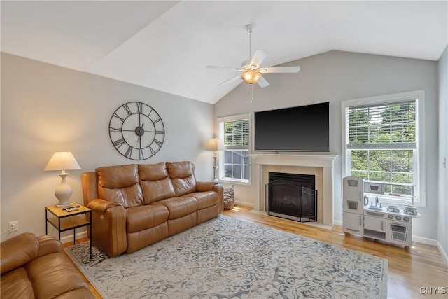 5269 Medasano Cir, Clay, NY 13041 - living area with ceiling fan, plenty of natural light, wood finished floors, lofted ceiling, and a fireplace
