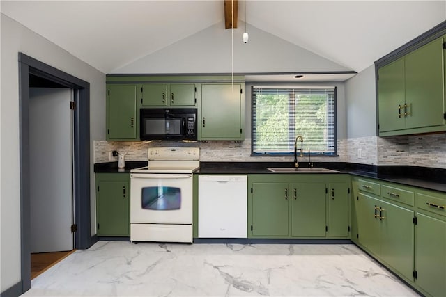 514 Maple St, Big Flats, NY 14814 - kitchen featuring white appliances, light marble finish flooring, decorative backsplash, and dark countertops