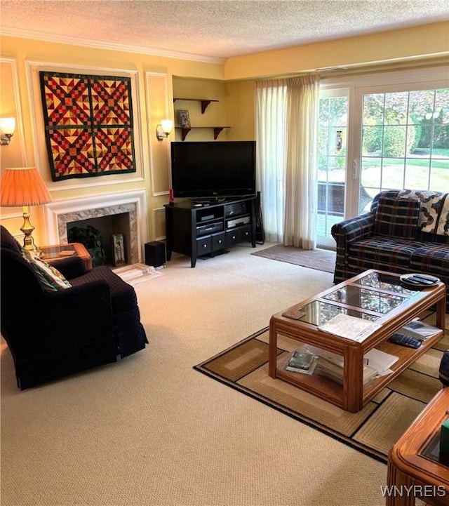 3 Homer Ln Unit B, Amherst, NY 14221 - living area with carpet floors, ornamental molding, a textured ceiling, and a fireplace