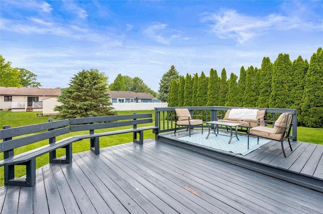 73 Hazel Bark Run, Gates, NY 14606 - wooden terrace with outdoor lounge area and a lawn