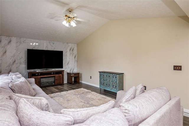 73 Hazel Bark Run, Gates, NY 14606 - living room with an accent wall, a ceiling fan, wood finished floors, and vaulted ceiling