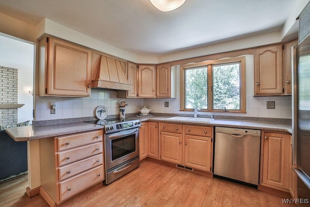 79 Pin Oak Cir, Grand Island, NY 14072 - kitchen featuring stainless steel appliances, custom range hood, light wood-style floors, decorative backsplash, and light brown cabinets