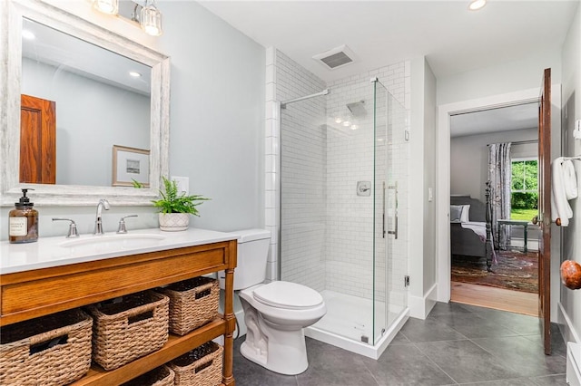 2465 Turk Hill Rd, Perinton, NY 14564 - full bathroom with vanity, a shower stall, tile patterned floors, and recessed lighting