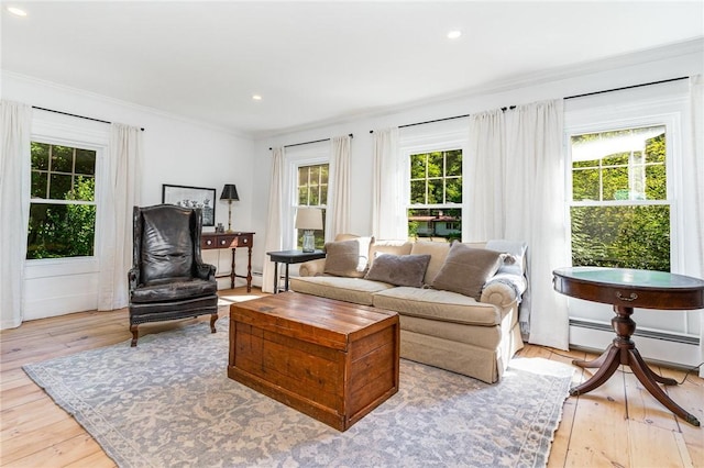2465 Turk Hill Rd, Perinton, NY 14564 - living room featuring plenty of natural light, ornamental molding, light wood-style flooring, a baseboard radiator, and recessed lighting