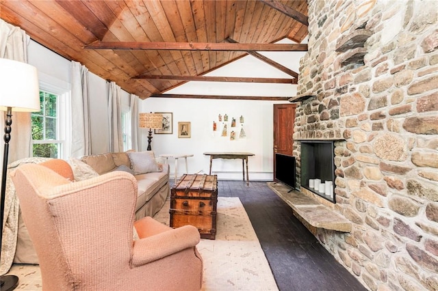 2465 Turk Hill Rd, Perinton, NY 14564 - living room featuring dark wood-style floors, a wooden ceiling with exposed beams, high vaulted ceiling, a fireplace, and baseboard heating