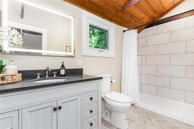 2465 Turk Hill Rd, Perinton, NY 14564 - bathroom featuring vanity, wood ceiling, vaulted ceiling, tile patterned floors, and shower / tub combo with curtain