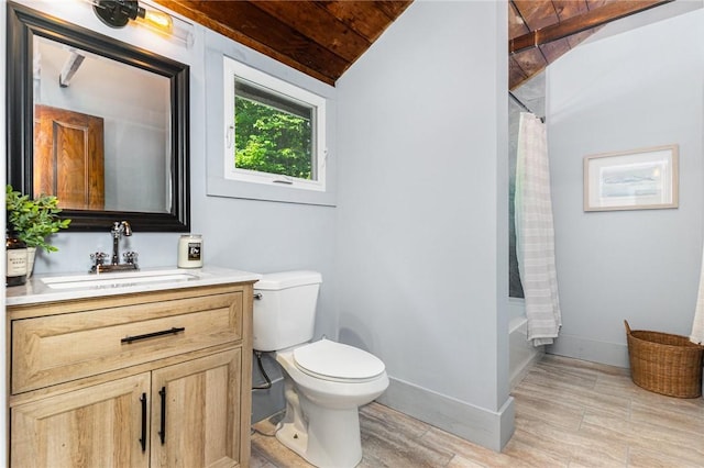 2465 Turk Hill Rd, Perinton, NY 14564 - bathroom with vanity, wood ceiling, vaulted ceiling, shower / tub combo with curtain, and wood finished floors
