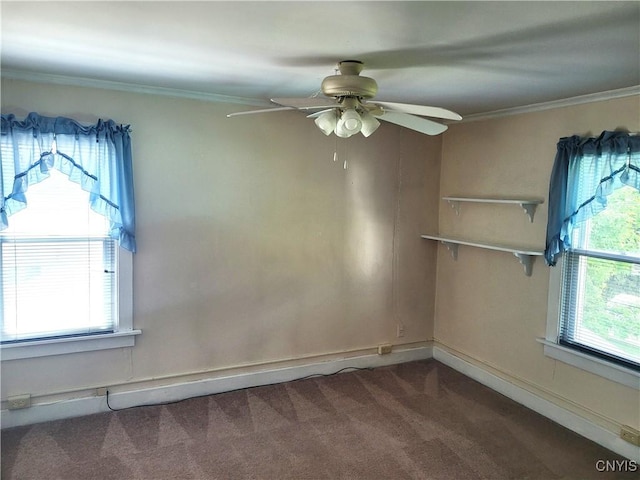 15 Beaver St, Manheim, NY 13329 - spare room with dark colored carpet, ceiling fan, and ornamental molding