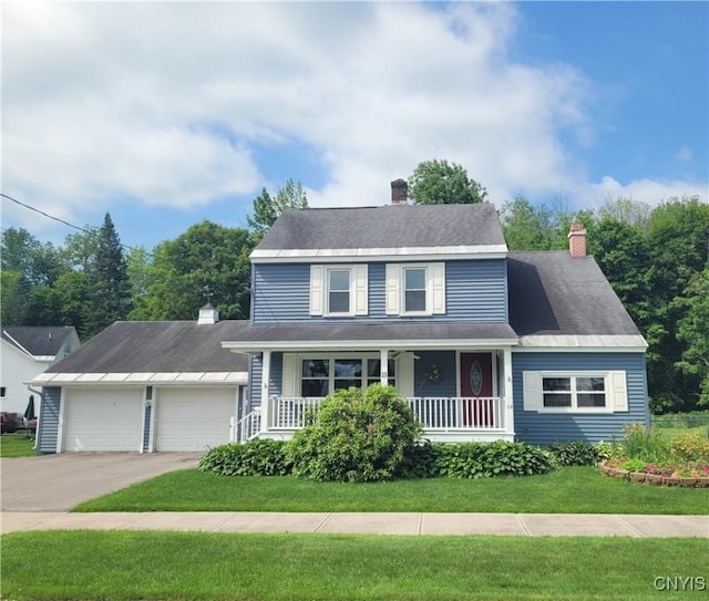15 Beaver St, Manheim, NY 13329 - view of front of home with a porch, a chimney, a front yard, an attached garage, and driveway