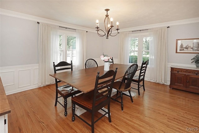 105 Maple Dr, Dewitt, NY 13066 - dining room featuring ornamental molding, healthy amount of natural light, a chandelier, wainscoting, and light wood-style floors