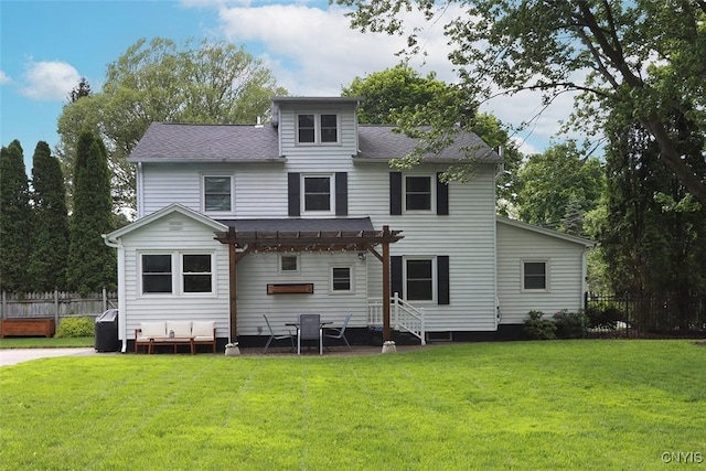 105 Maple Dr, Dewitt, NY 13066 - back of house featuring a pergola, roof with shingles, and entry steps