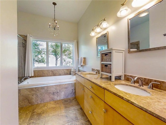 3409 Fieldstone Ln, Erwin, NY 14870 - full bath with a relaxing tiled tub, a chandelier, double vanity, stone tile floors, and a shower