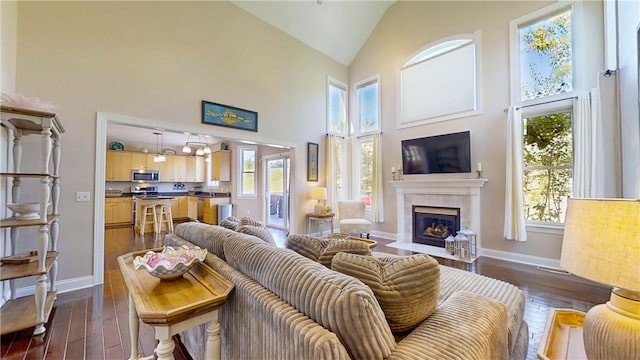 3409 Fieldstone Ln, Erwin, NY 14870 - living room with high vaulted ceiling, plenty of natural light, a tiled fireplace, and dark wood-style flooring