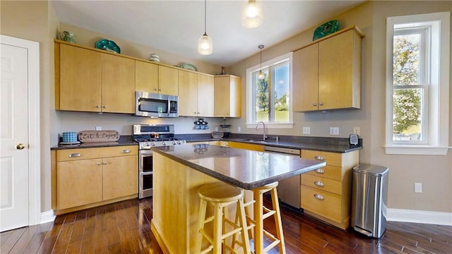 3409 Fieldstone Ln, Erwin, NY 14870 - kitchen with stainless steel appliances, dark wood finished floors, healthy amount of natural light, and a breakfast bar area