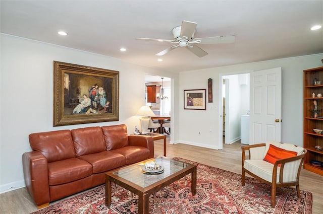 11 Keystone Ct, Sweden, NY 14420 - living area with wood finished floors, a ceiling fan, recessed lighting, and washer / clothes dryer