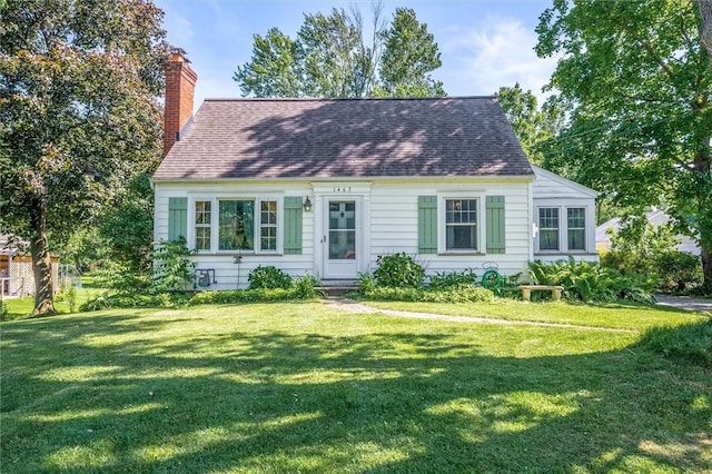 1463 Lehigh Station Rd, Henrietta, NY 14467 - cape cod house featuring a chimney, a front lawn, and a shingled roof