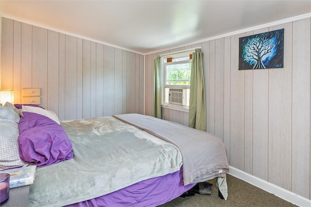 1463 Lehigh Station Rd, Henrietta, NY 14467 - bedroom featuring cooling unit, carpet, and wood walls
