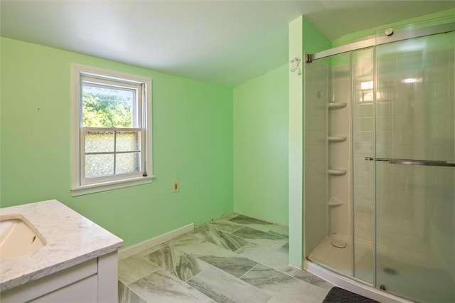 1463 Lehigh Station Rd, Henrietta, NY 14467 - bathroom with a shower stall, vanity, and marble finish floors