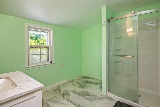 1463 Lehigh Station Rd, Henrietta, NY 14467 - bathroom with vanity, a stall shower, and marble finish flooring