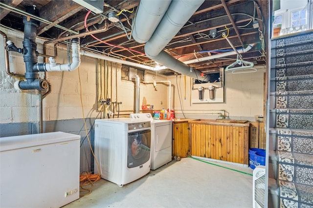 1463 Lehigh Station Rd, Henrietta, NY 14467 - unfinished below grade area with white refrigerator and separate washer and dryer