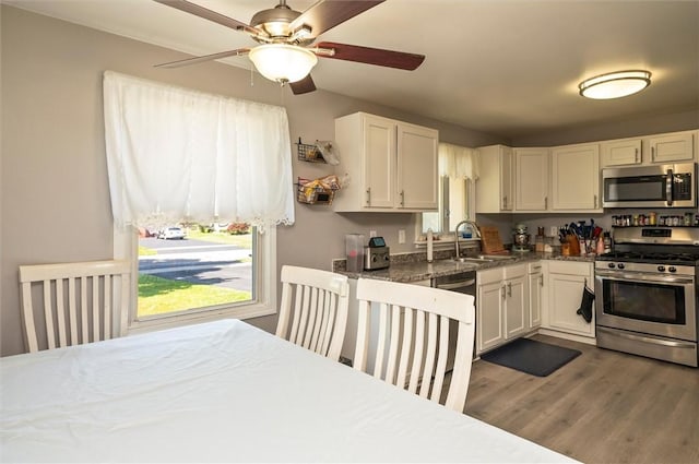 363 Kartes Dr, Greece, NY 14616 - kitchen featuring stainless steel appliances, ceiling fan, wood finished floors, and white cabinetry