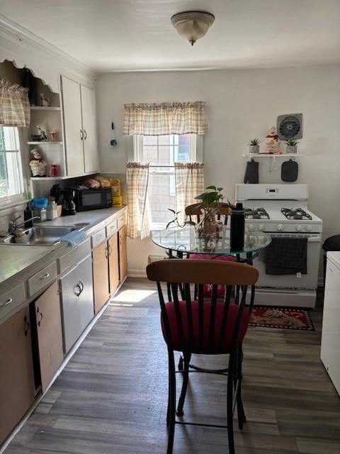146 Delamaine Dr, Rochester, NY 14621 - kitchen featuring white gas range, light wood finished floors, black microwave, white cabinetry, and open shelves