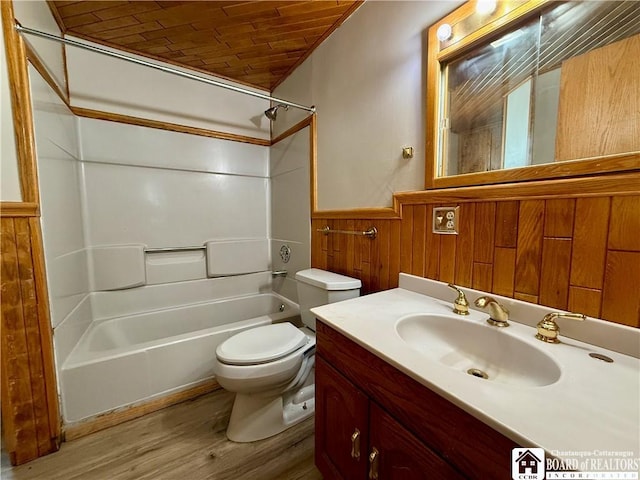 118 S 8th St, Olean-City, NY 14760 - full bath featuring a wainscoted wall, shower / tub combination, vanity, wood finished floors, and wood ceiling