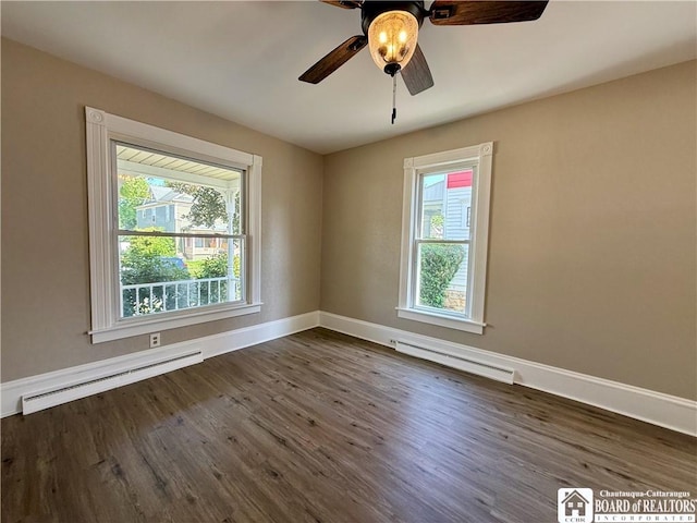 118 S 8th St, Olean-City, NY 14760 - spare room featuring a baseboard radiator, dark wood-style floors, and a ceiling fan